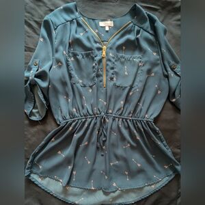 Stella Tweed Teal Floral Zip-Pullover Drawstring Tunic